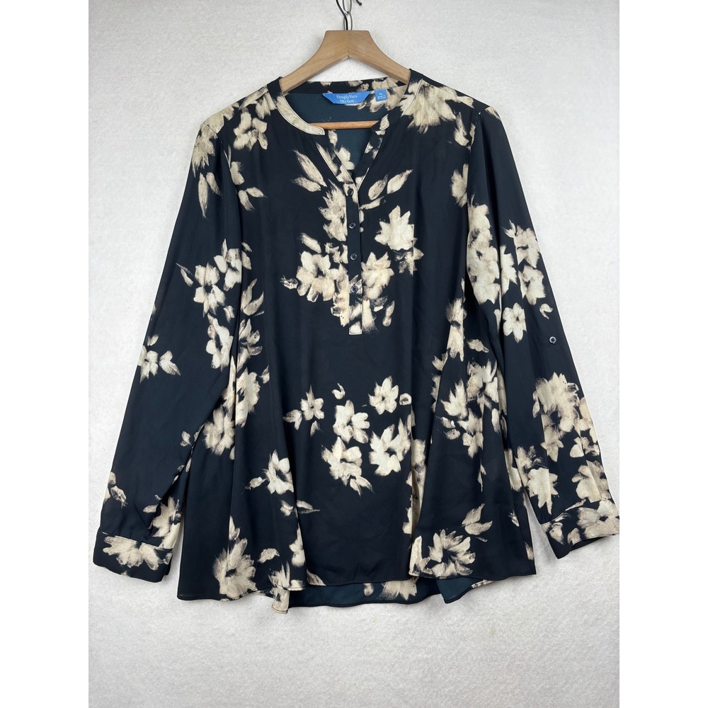 Simply Vera Wang Blouse Womens XL Sheer Floral Roll Tab Sleeve Casual Boho
